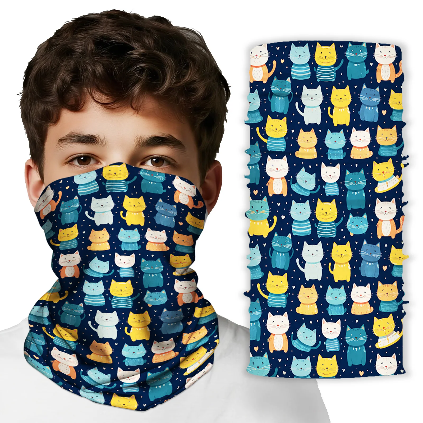 

1pc Unisex Printed Scarf | Cats and Cartoon Prints on Blue Background All Season Bandana | Fashionable and Multifunctional