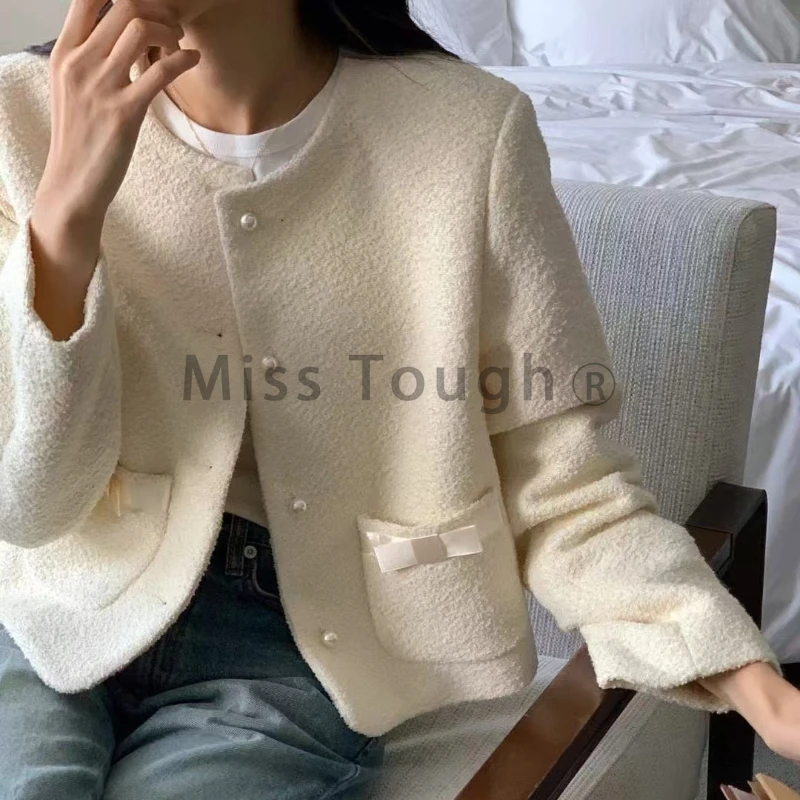 Korea Chic Office Lady Round Neck Coat Women Elegant Pearl Buckle Bow Pocket Short Jacket Autumn Winter Sweet Casual Clothes New