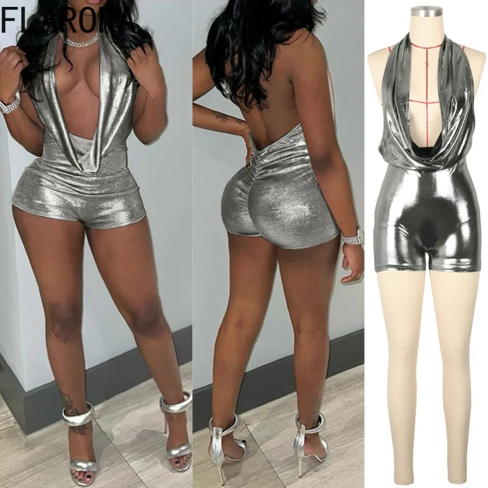 

FLARORA Sexy Halter Glossy Rompers Woman Deep V Neck Sleeveless Backless One Piece Playsuits Hottie Midnight Streetwear Overalls
