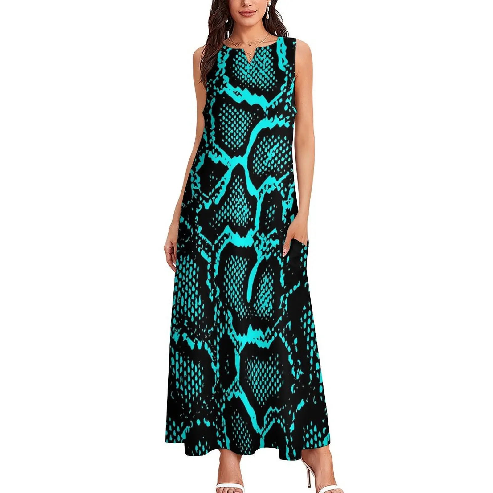 Blue Snakeskin Dress Python Skin Print Vintage Maxi Dress Sleeveless Design Bohemia Long Dresses Street Fashion Vestidos