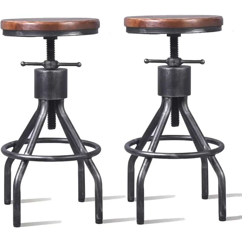 

Set of 2 Industrial Bar Stool-Vintage Adjustable Round Wood Metal Swivel Bar Stool-Cast Iron-23-30 Inch Tall Counter