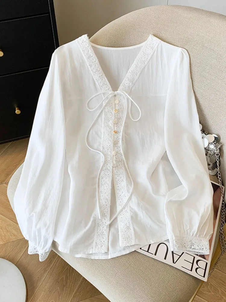 

Lace Splice V-ne Long Sve irt Women's Spring Gentle Sle Age-reducing Loose Slimming Top Korean Sle Breathable Poly...