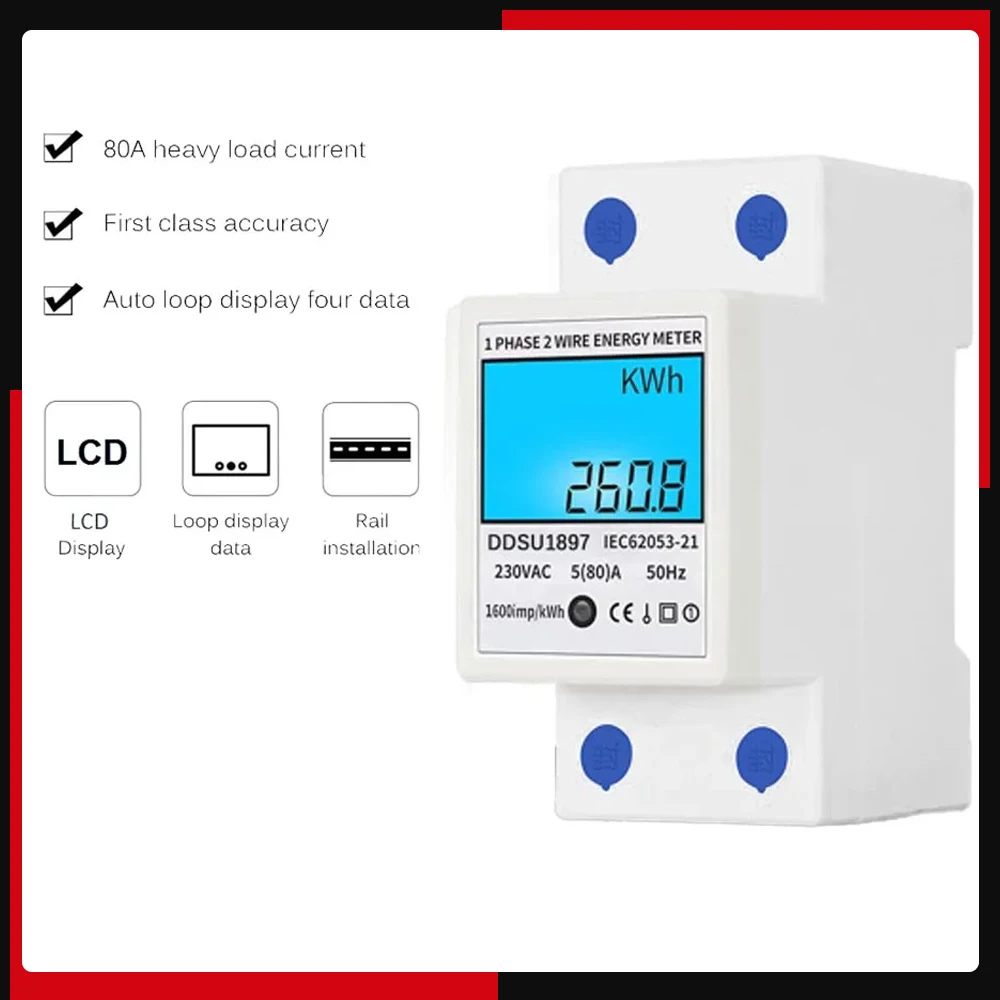 

Цифровой измеритель электроэнергии на DIN-рейке, 220 В, 80 А, однофазный, однофазный, двухпроводной, многофункциональный Электрический измеритель