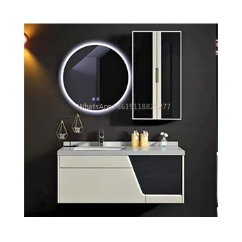 

Hotel modern design plywood bathroom cabinet with circular mirror and separate double storage bathroom vanity