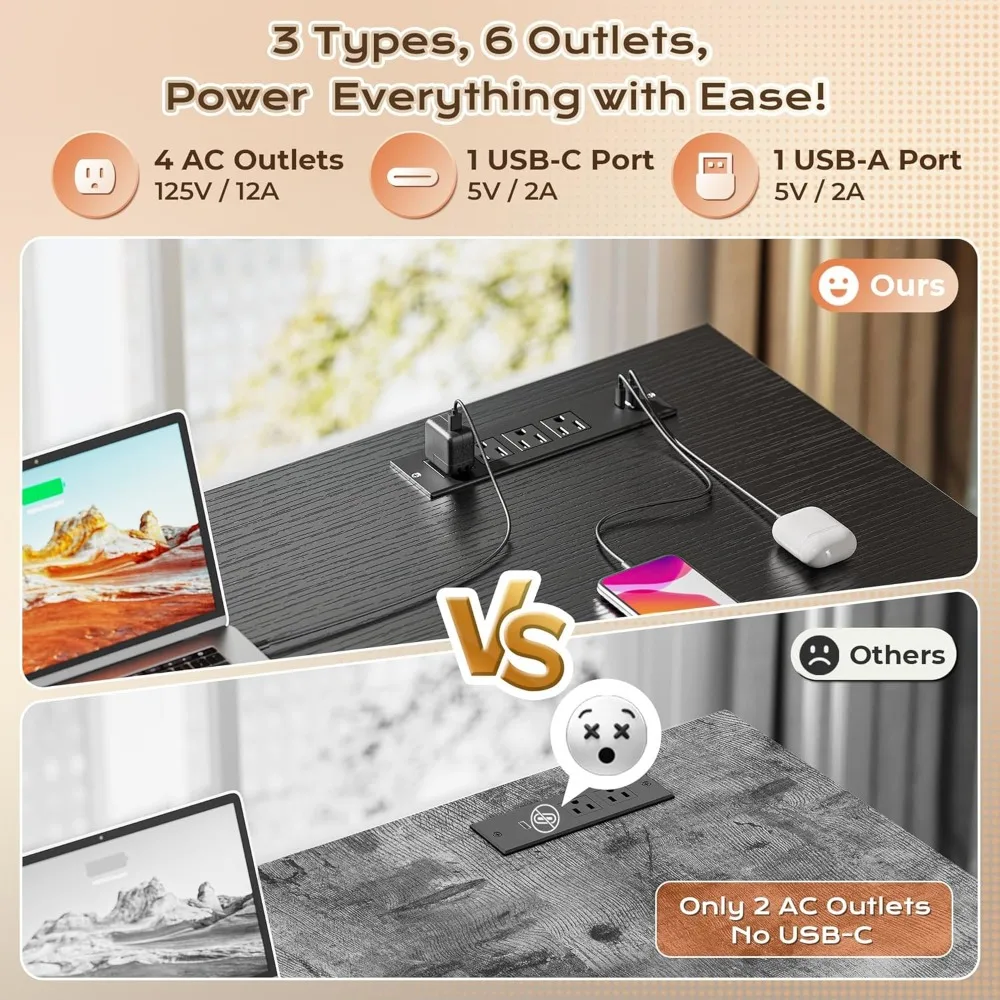 63 Escritorio grande en forma de L con puertos de alimentación y USB-C, escritorio moderno de oficina en casa con cajones de almacenamiento para configuración de computadora