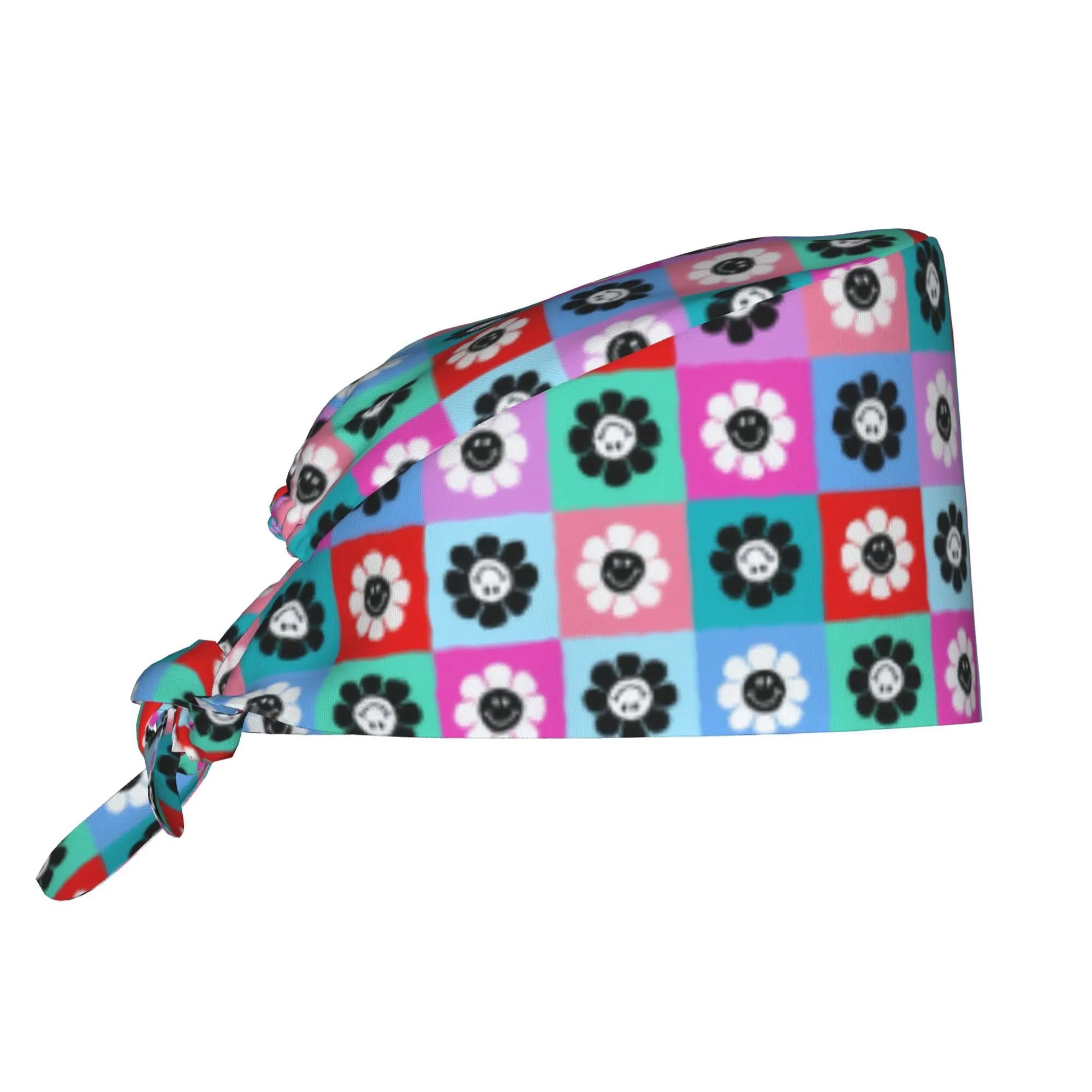 Daisies Happy Face Checker  Working Cap Surgical Hats Women Men Colorful Flowers  Operating Room Cap Operator Hats Lab Works Hat