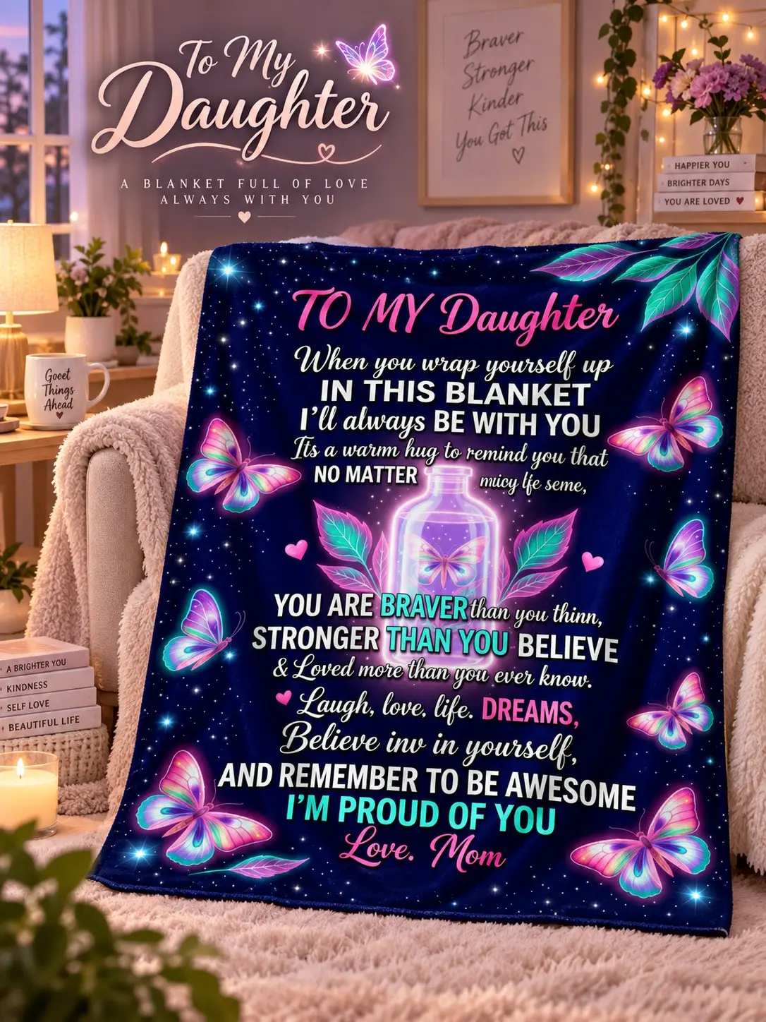 Daughter Flannel Blankets & Throws Butterfly Bottle Love Message Gift From Mom for Birthday Christmas Thanksgiving Halloween Anniversary Holiday Sofa Bed Couch Nap Travel Reading Bedroom Living Room Home Decor Family Party Dorm Office Camping Picnic