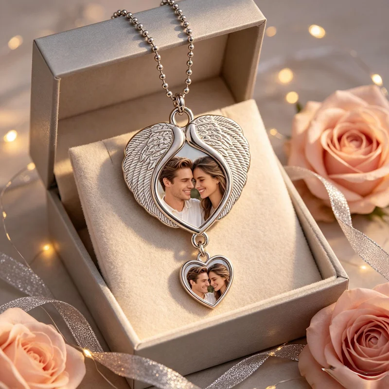 Personalised double-sided photo angel wings heart-shaped car rearview mirror hanging ornament, customised photo memorial pendant