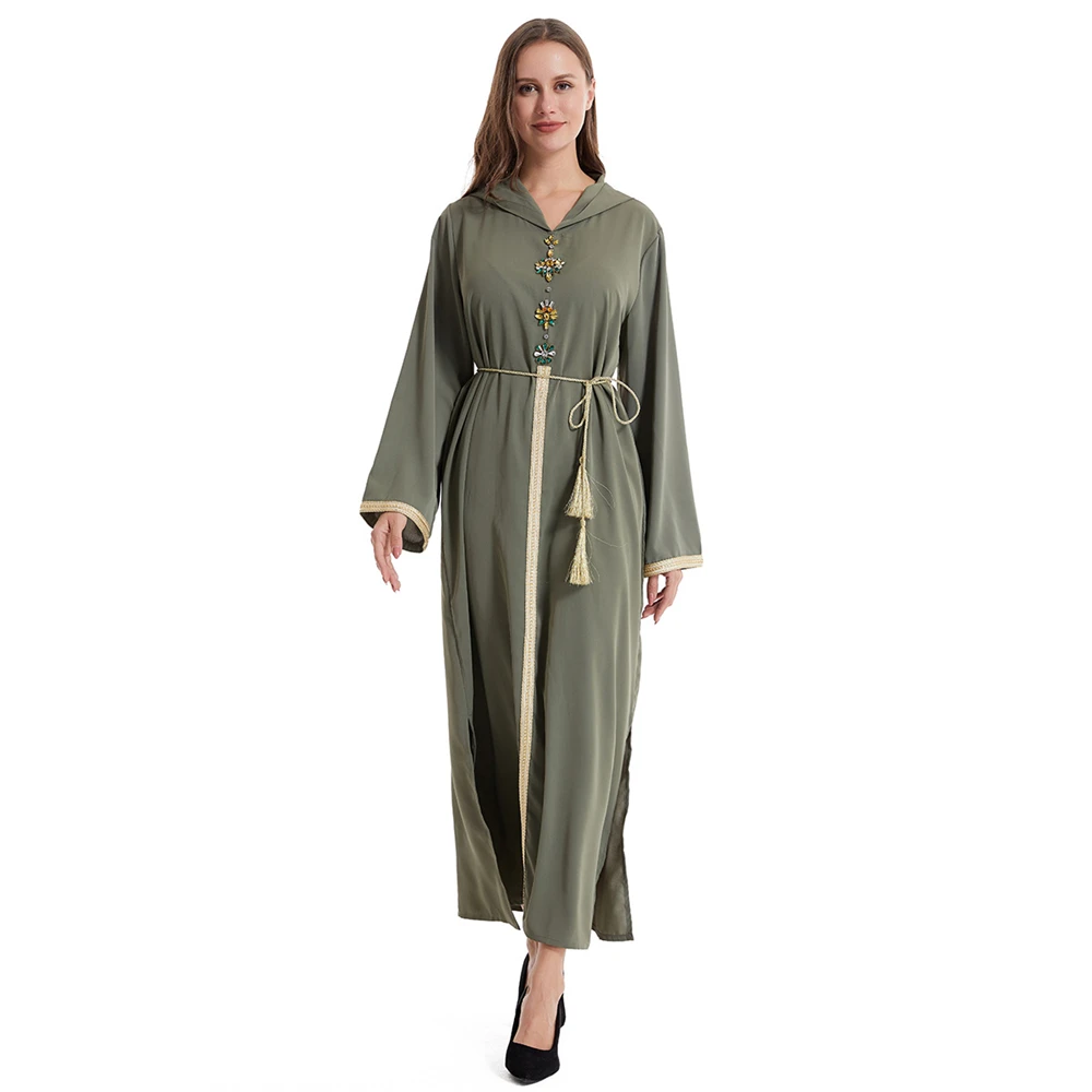 Eid Djellaba Muslim Women Diamonds Dress Hooded Abaya Dubai Turkey Kaftan Split Hem Jalabiya Moroccan Caftan Party Gown Robe