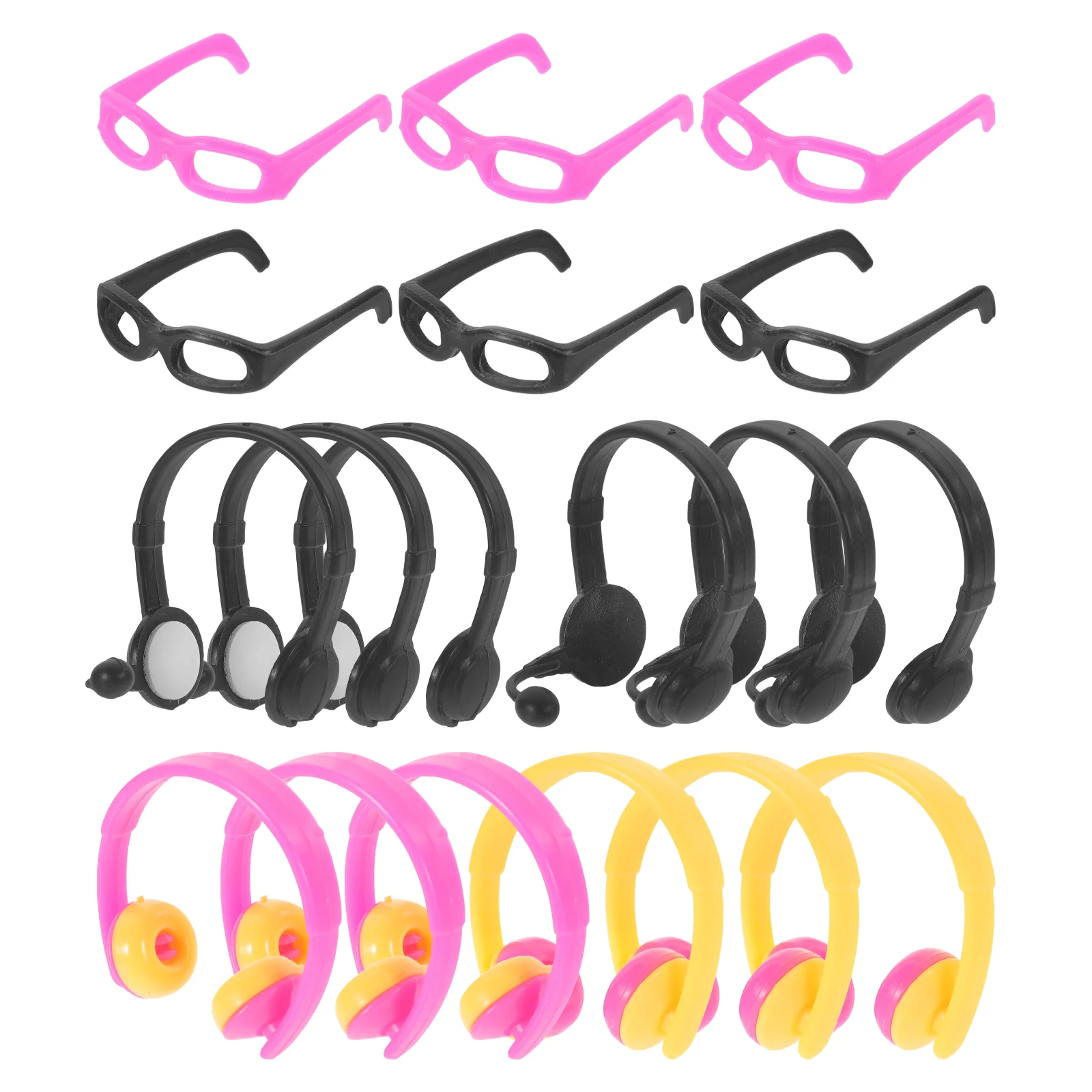 

18 Pcs Mini Simulation Headphones Glasses Props Black Yellow Earphone Set Fashionable Decorations Accessories