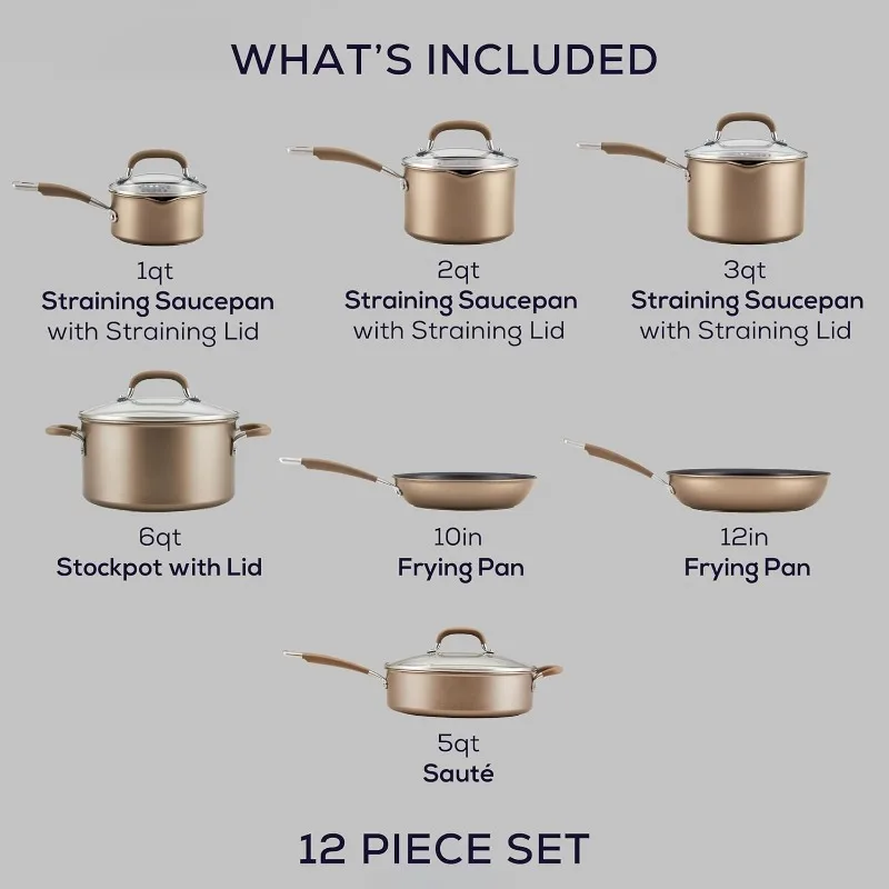 Premier Professional Hard Anodized Nonstick Cookware Induction Pots and Pans Set, 12 Piece, Bronze