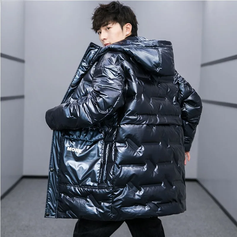 

Winter New Men Bright Surface Wash-Free Down Jacket Youth Handsome Thicken Warm Hooded Mid-Length Outwear Casual Large Size Coat