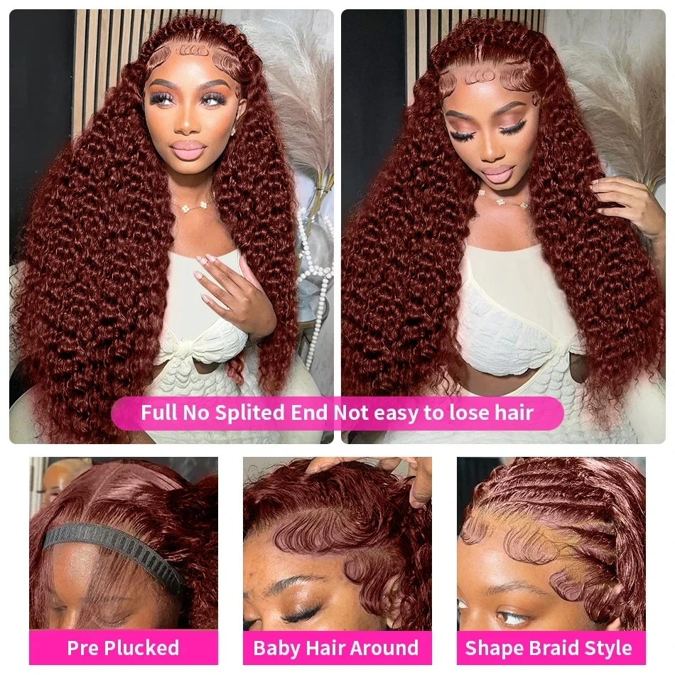 30 38 Inches 250 Density Reddish Brown Deep Wave 13x4 Frontal Wig HD Lace Frontal Wig 100% Curly Lace Front Human Hair Wigs