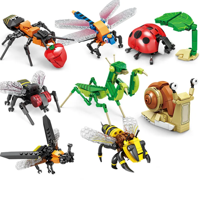 Creative Building Blocks Insect Model Bee Dragonfly Ant Mantis Children\'s Assembled Toys Interesting Animal Ornaments Gifts