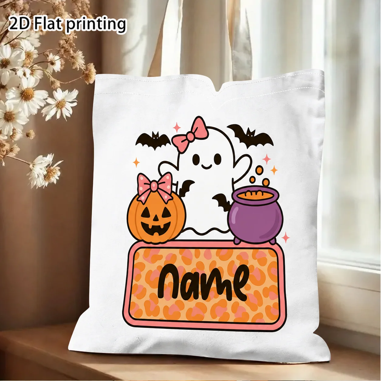 Personalized Halloween Tote Bag Custom Name Text Double Sided Print Bow Pumpkin Canvas Trick or Treat Candy Shopping Gift Bag