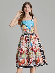 Runway Summer Floral Sundress Holiday Midi Dress Women Straps Beach Backless Cartoon Shell Conch Print Dot Vacation Midi Vestido