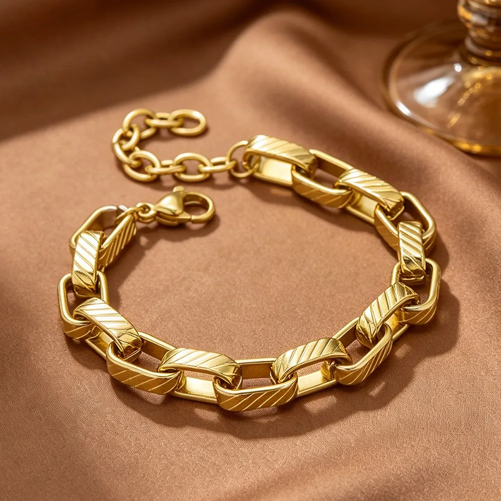 Vintage Punk Gold Tone Stainless Steel Diagonal Textured Chunky Rectangle Cuban Link Bracelet for Women Trendy Jewelry Colorfast