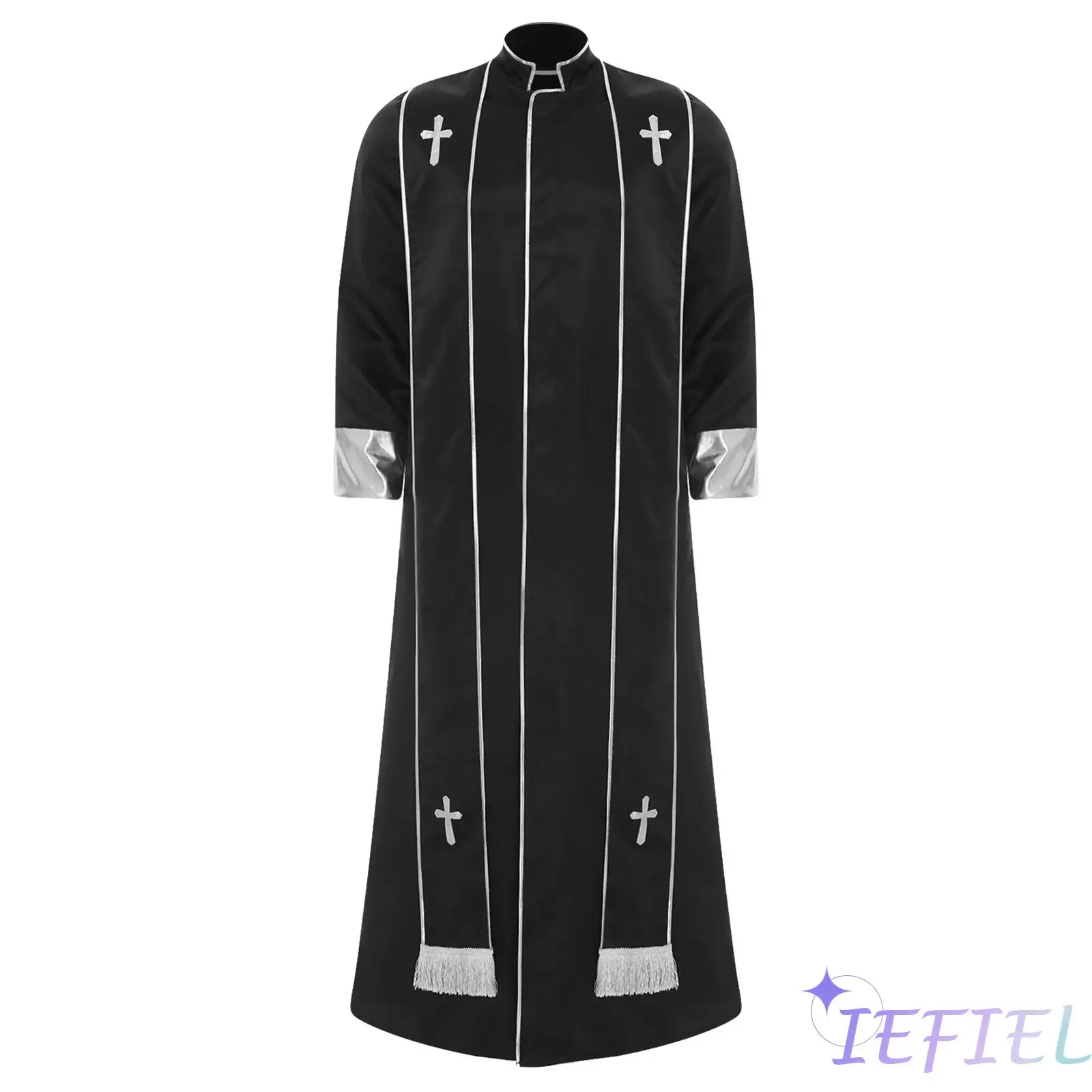 

Halloween Mens Retro Priest Cosplay Outfits Gold Cross Cassock Vestments Robe+Stole for Medieval Priest Roleplay Robe Masquerade