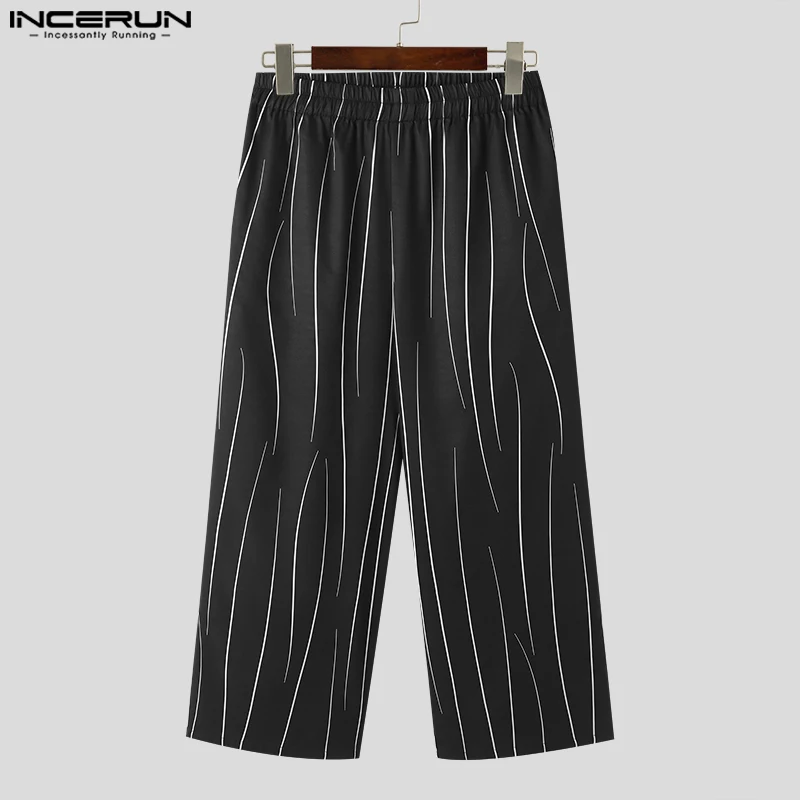 INCERUN-Pantalones informales para hombre, ropa de calle holgada con estampado de cintura elástica, pantalones largos de moda coreana, S-5XL, 2023