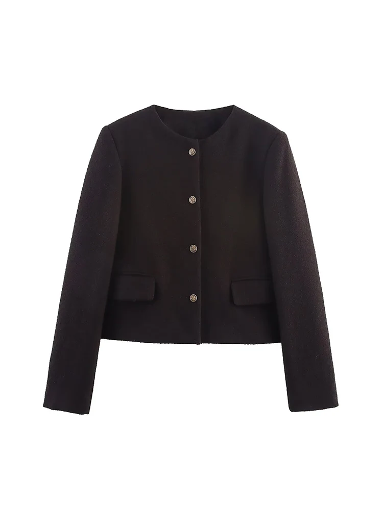 

European style new women's fashion all-match temperament small fragrance style round neck short woolen coat