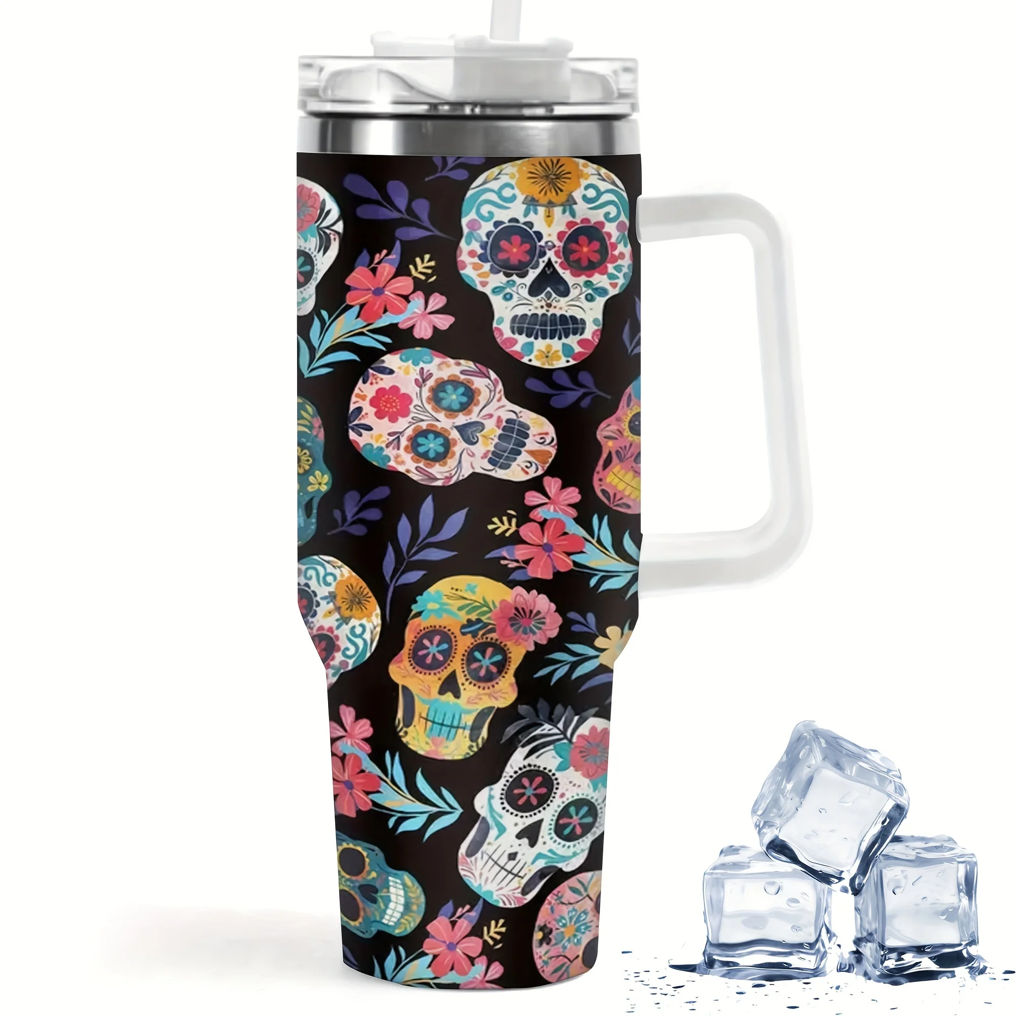 40oz Colorful Sugar Skull Floral Print Insulated Stainless Steel Travel Tumbler With White Handle Straw Lid Large Thermal Cup Day of The Dead Halloween Gift