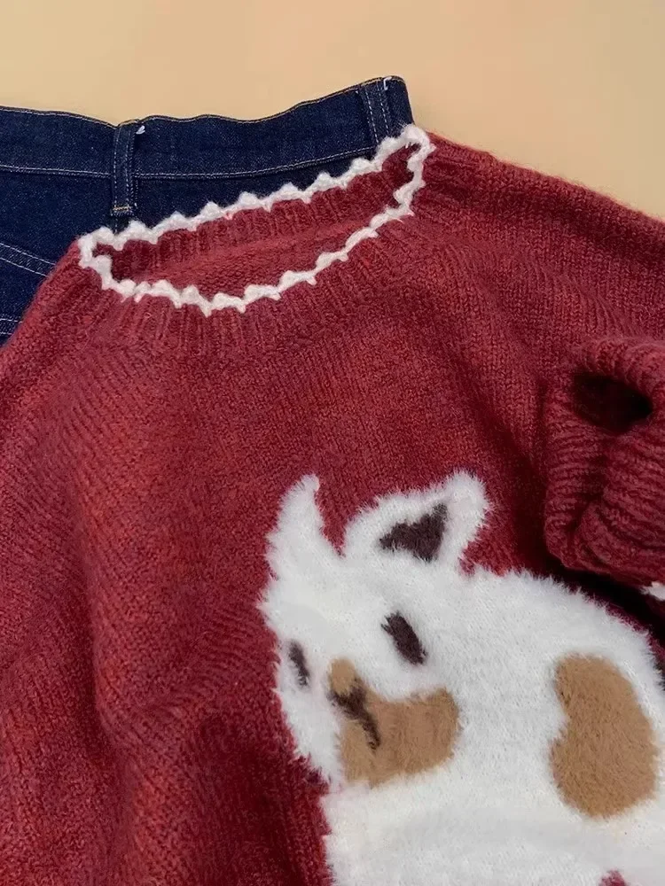 Jerséis rojos con cuello redondo para mujer, suéter tejido de conejo de dibujos animados, jersey cálido tierno para otoño e invierno, ropa suave de moda para el año cercano