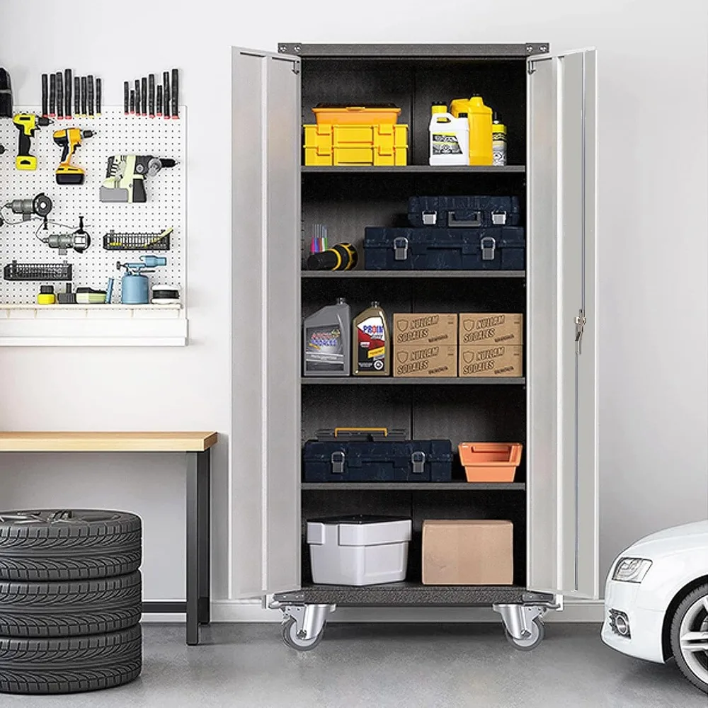 71" Metal Storage Cabinet with Wheels,Garage Storage Cabinet with Locking Doors and 4 Shelves,Lockable Rolling Tool Cabinet for