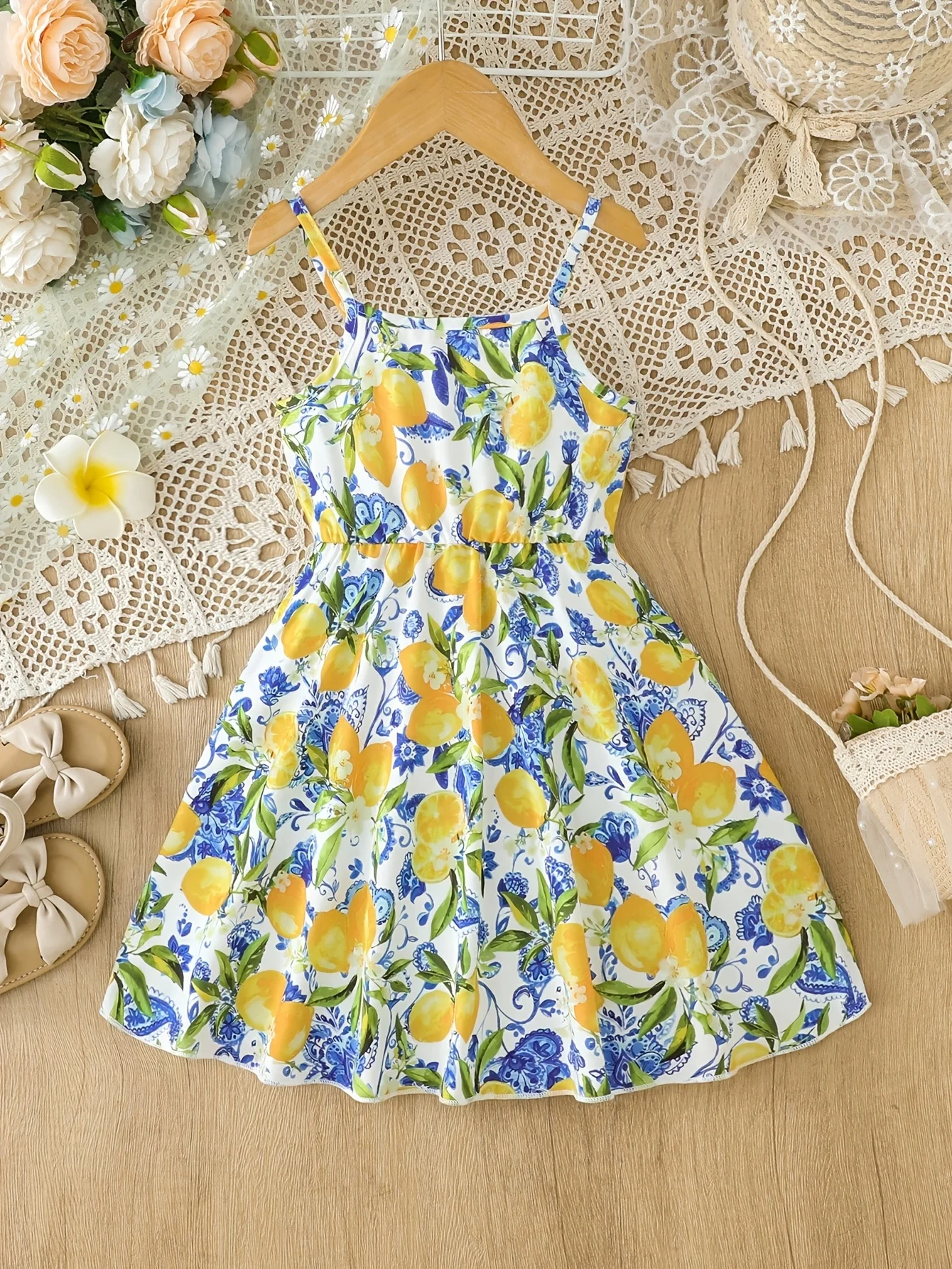 Girls' Summer Casual Dress with Floral Print T-Strap Dress in Yellow-Green Color Scheme, Fresh and Energetic, Suitable for Girls Aged 4-8 for Various Summer Occasions