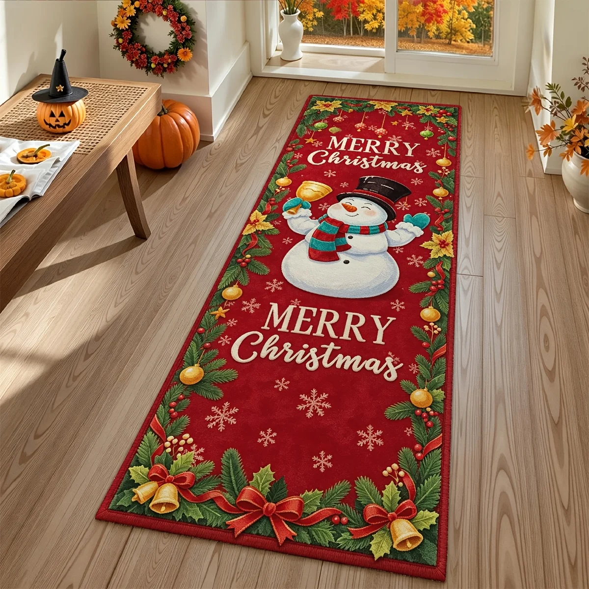 Christmas Snowman Bell Printed Floor Mat Office Dining Room Front Door Carpet Patio Laundry Corridor Large Area Rug