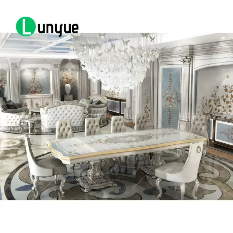 Luxury European Antique Dining Table Set Hand Carved Solid Wood Royal Banquet Furniture for Formal Dining Room Vintage Style