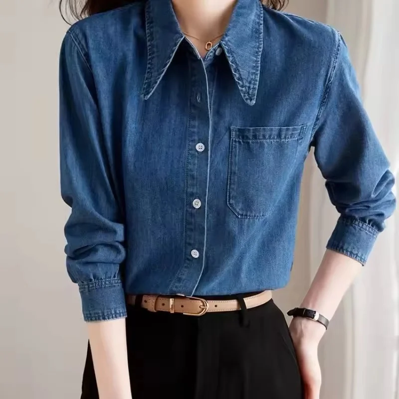 

Новая джинсовая рубашка весна-осень 2026: модная женская блузка с длинным рукавом, свободного кроя, на пуговицах, элегантная, шикарная, повседневная, в ковбойском стиле