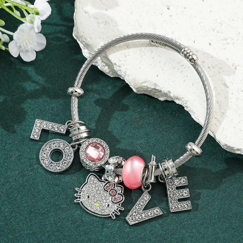 

Sanrio Hello Kitty Pandora Bracelets Anime Cartoon Cute LOVE Rhinestone Beads Bangles Original Jewelry Girlfriend Holiday Gift