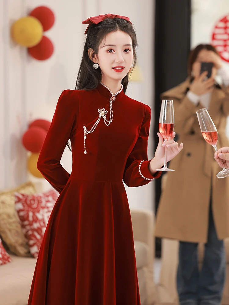 

Red Long Sve Wedding Dr for Bride New 2025 Autumn Winter Marriage Proposal Ceremony Chinese New Year Par