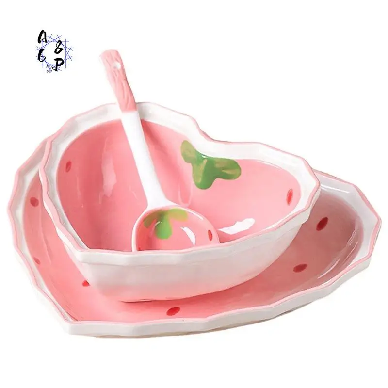A68P-Strawberry Bowl Spoon Plate Set Decorated With High Beauty Girl's Favorite Bowl Salad Dessert Household Tableware 3Pc