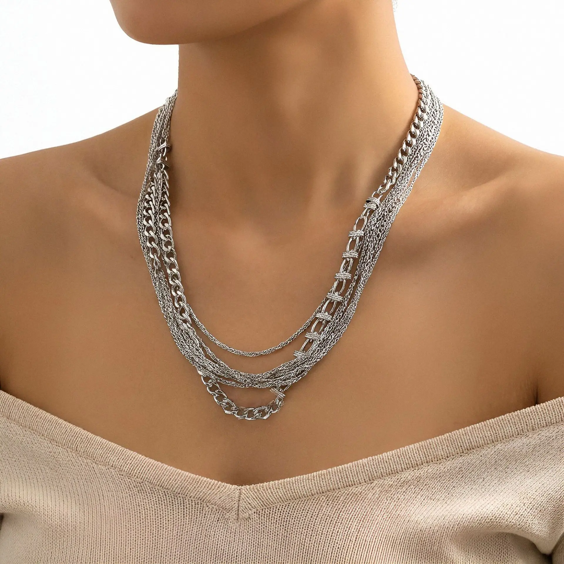 ZA exaggerated and exaggerated big-name multi-layer winding spring necklace metal fringed chain INS retro female source