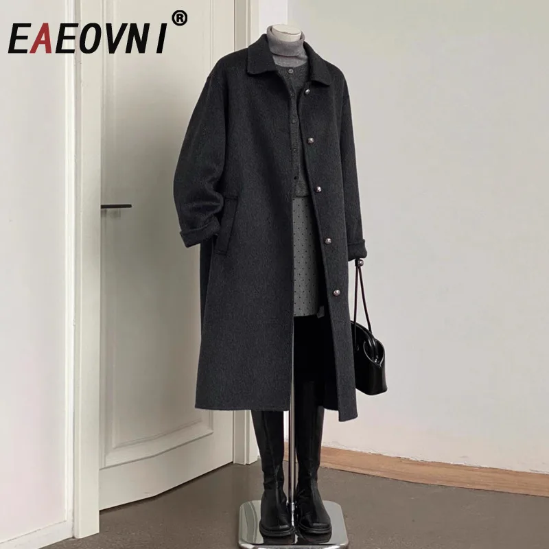 

EAEOVNI Office Lady Winter Woolen Long Jacket Coat For Women Solid Color Lapel Collar Button Clothing Fashion New