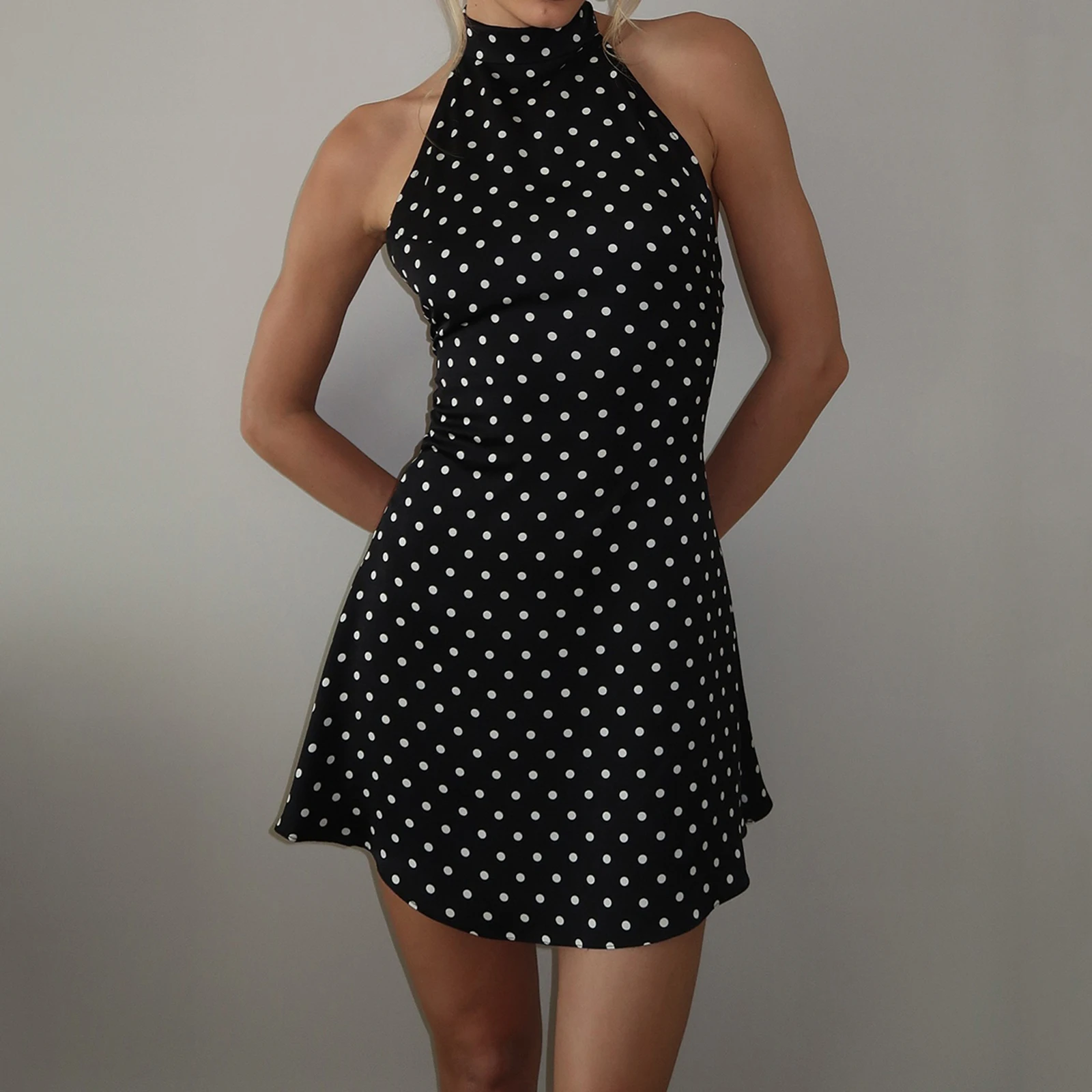 

Женские мини-платья без спинки с точечным принтом, платье-халтер в стиле Y2K, модное платье А-силуэта без рукавов, повседневные платья, женская одежда для вечеринок и клубов