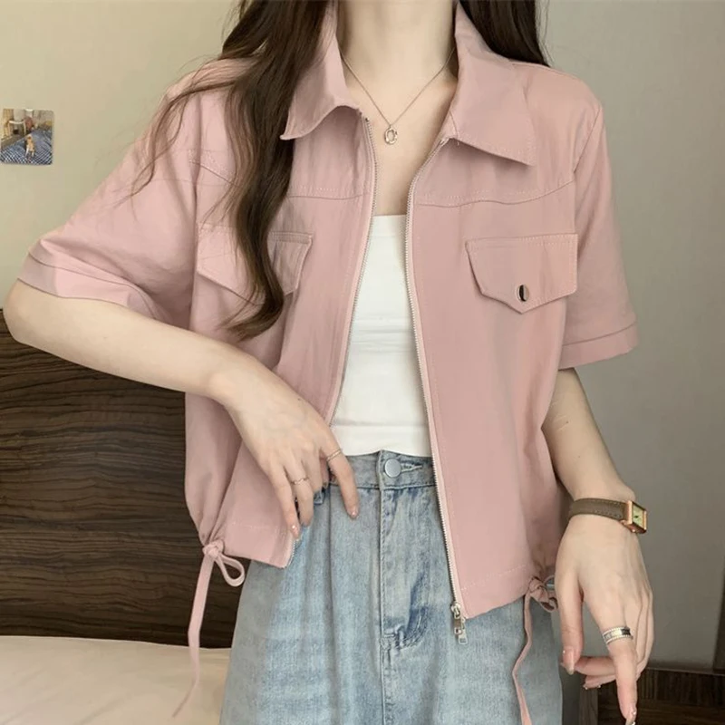 Sweet Zipper Women Shirt Korean New Lace Up Pockets Short Sleeve Female Crop Shirt Summer Fashion Preppy All Match Ladies Blouse