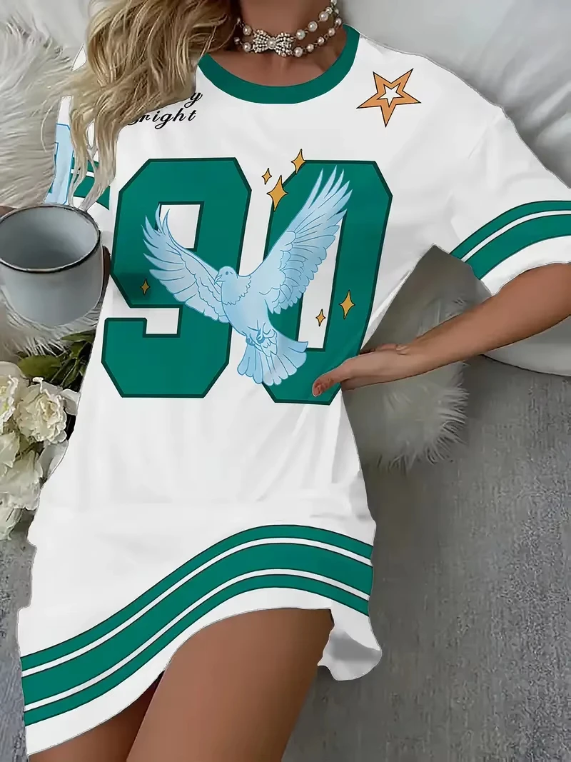 

Summer Women T-Shirt Dress Plus Size Casual Dove of Peace NO.23 Printed Lady Short Sleeve Pullover Dresses Women Clothing