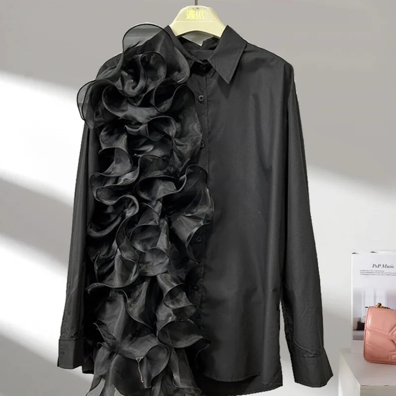 

Oudai трехмерная сетчатая пластина с цветочными рюшами и нерегулярными сращиваниями, дизайн с длинными рукавами, однотонная свободная рубашка, модная