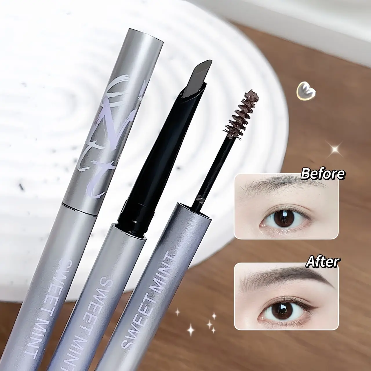 2-in-1 Dual-Ended Eyebrow Pencil & Tinting Mascara, Sweet Mint Natural Smooth,  Waterproof, Long-Lasting, SmudgeProof  Eyemakeup