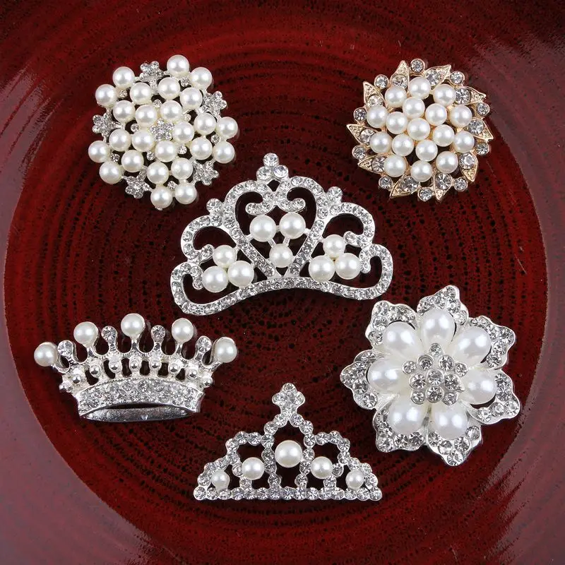 

(50pcs/lot) 6Styles DIY Metal Clear Decorative Rhinestone Pearl Buttons Alloy Crystal Flatback Crown/Tiara For Wedding Brooches