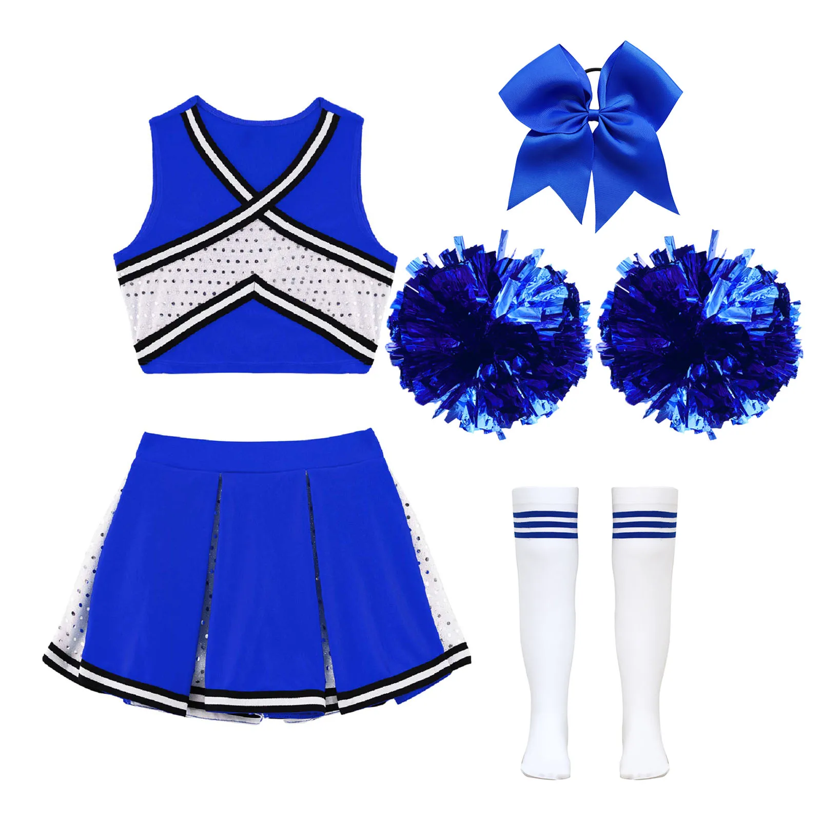 Kinder Mädchen Cheerleading Tanzuniform Crop Top mit Faltenrock mit Kopfbedeckung Handblumen Socken für Schule Show Sport Treffen