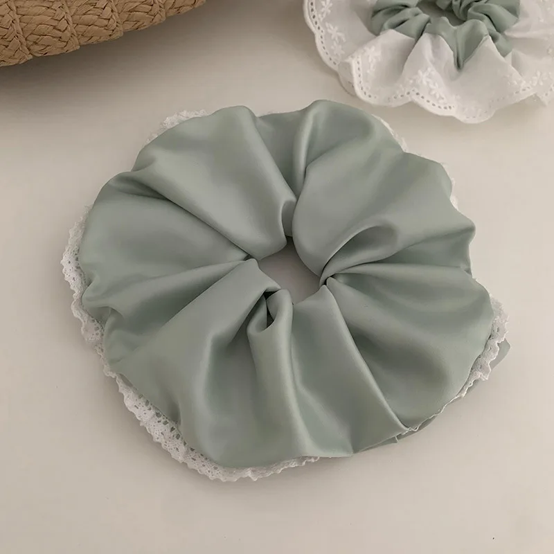 Korean New Fresh Green Lace Girly Scrunchie Large Ruffled Hair Accessory Vintage Ballet-Style Satin Elastic Hair Rope