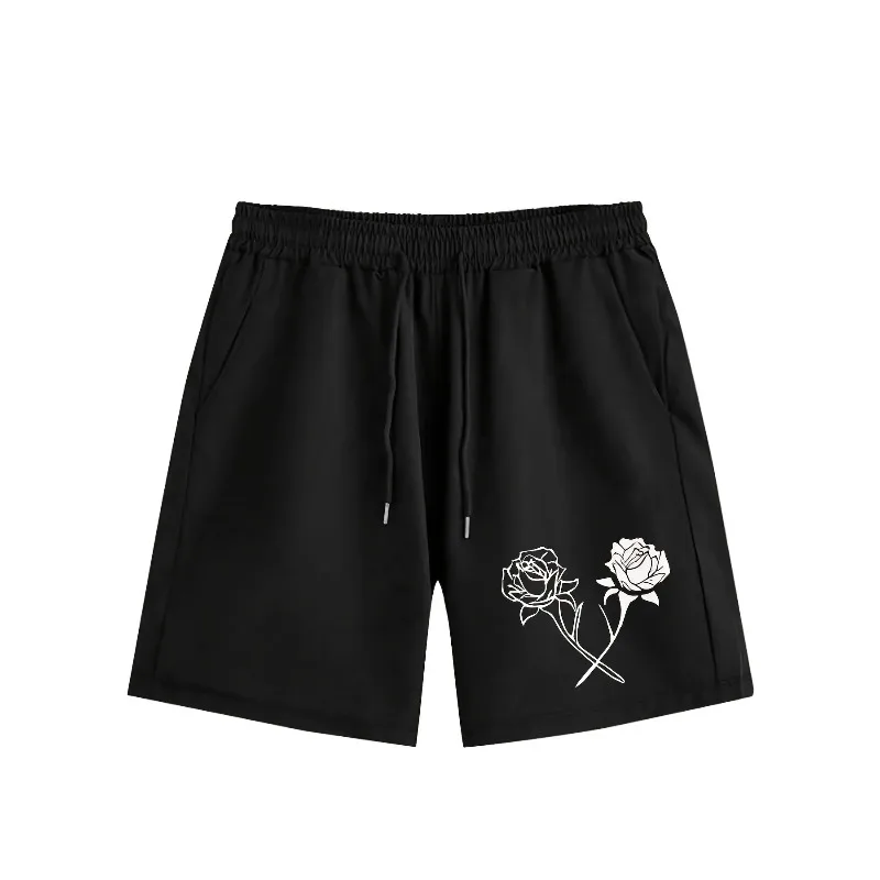 Men's black casual elegant rose print swimming shorts, swimming surfing beach shorts, summer