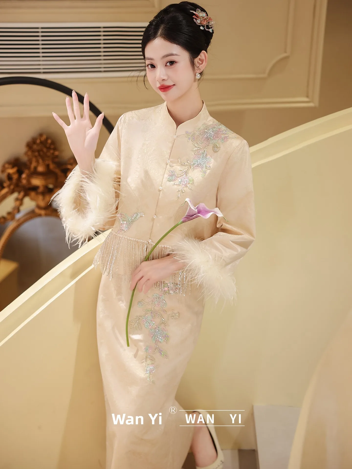 

Новое женское вечернее платье для зимних мероприятий 2026 года в китайском стиле с бахромой, завышенной талией, длинными рукавами, из смесового полиэстера