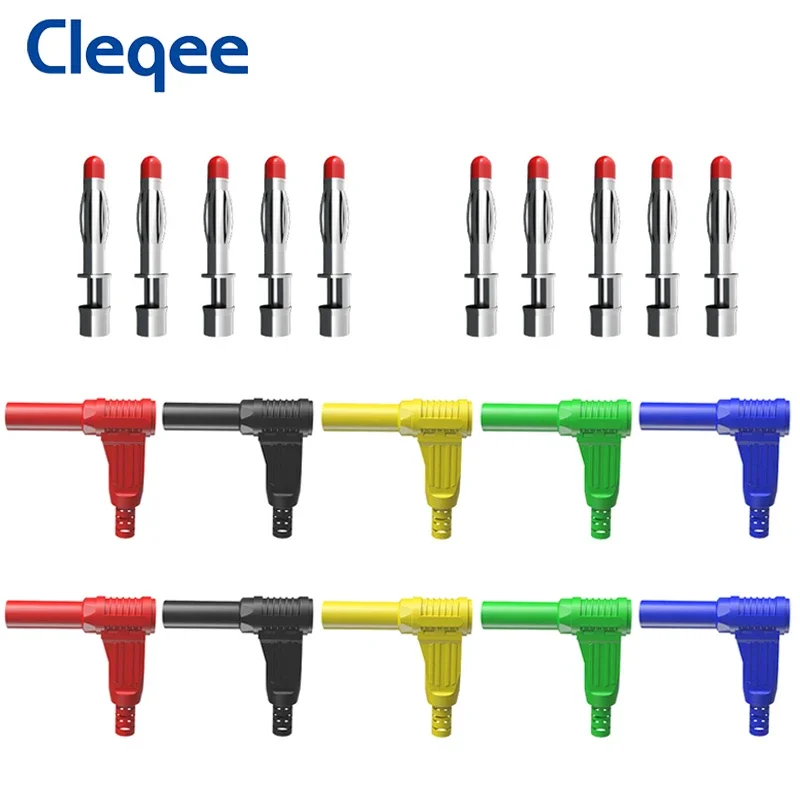 Cleqee P3014 10pcs Right Angle 4mm Shrouded Banana Plug Welded-type DIY Safety Copper Connectors 90 Degree For Multimeter