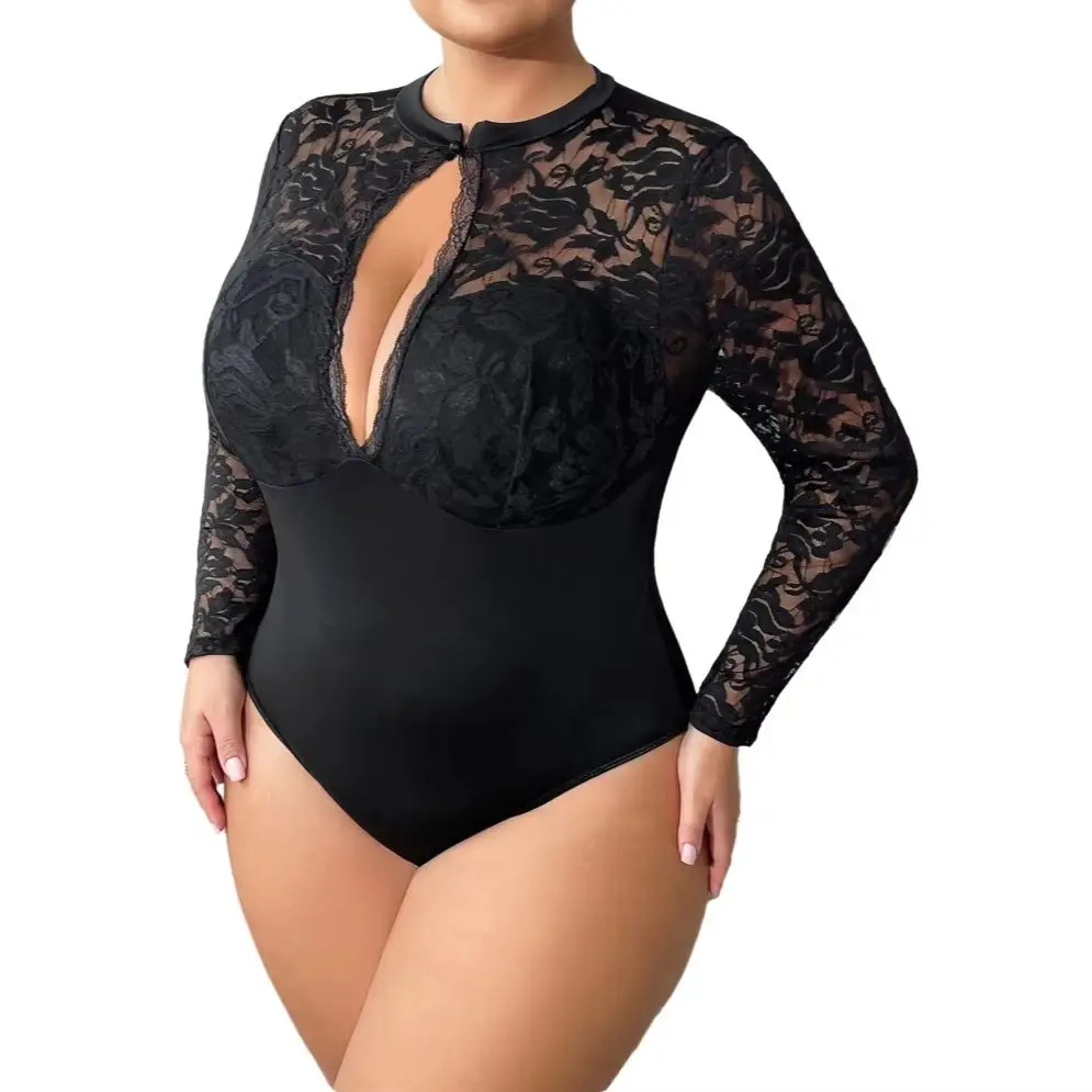 Large Size Lace Bodysuit Sexy See-through European Style Cross-Border New Arrival Open-Crotch Hollow-out Outerwear Versatile
