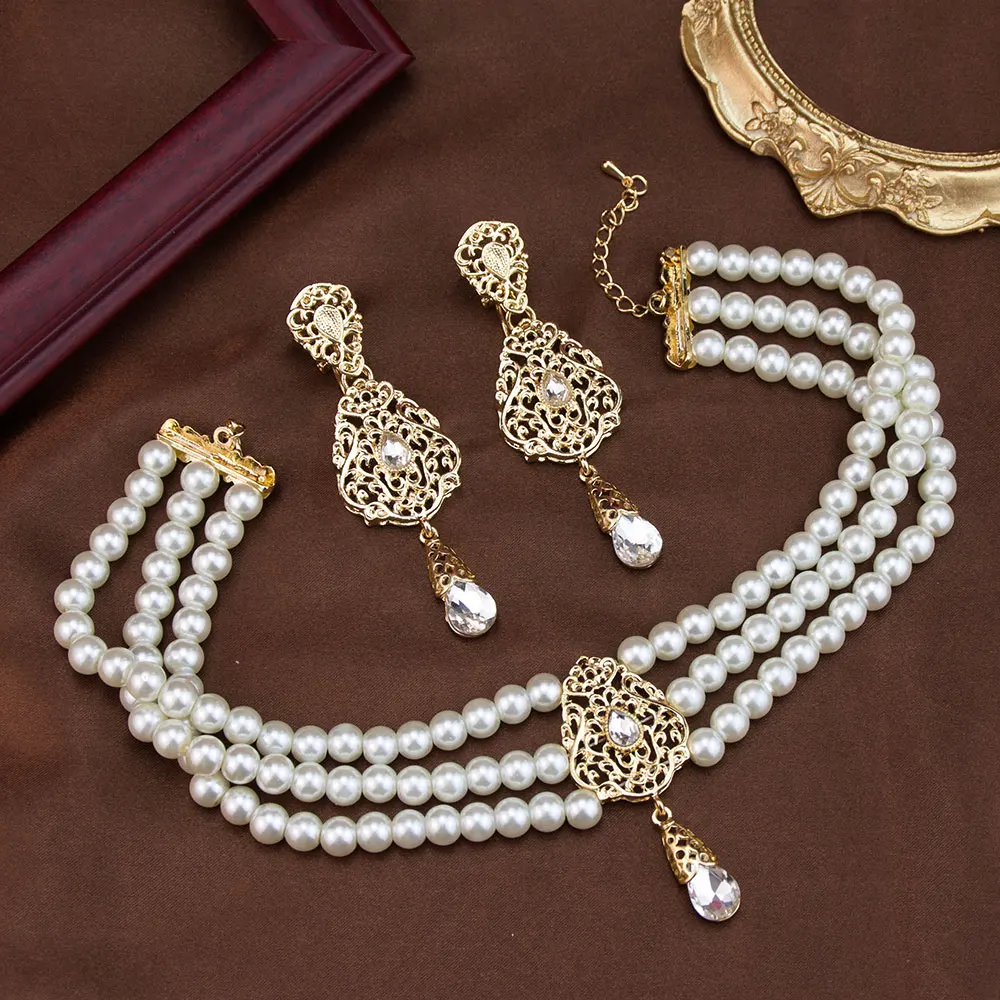 Sunspicems Chic Morocco Jewelry Set Bridal Earring Bead Pearl Choker Necklace Gold Color Arabic Neck Chain Bijoux
