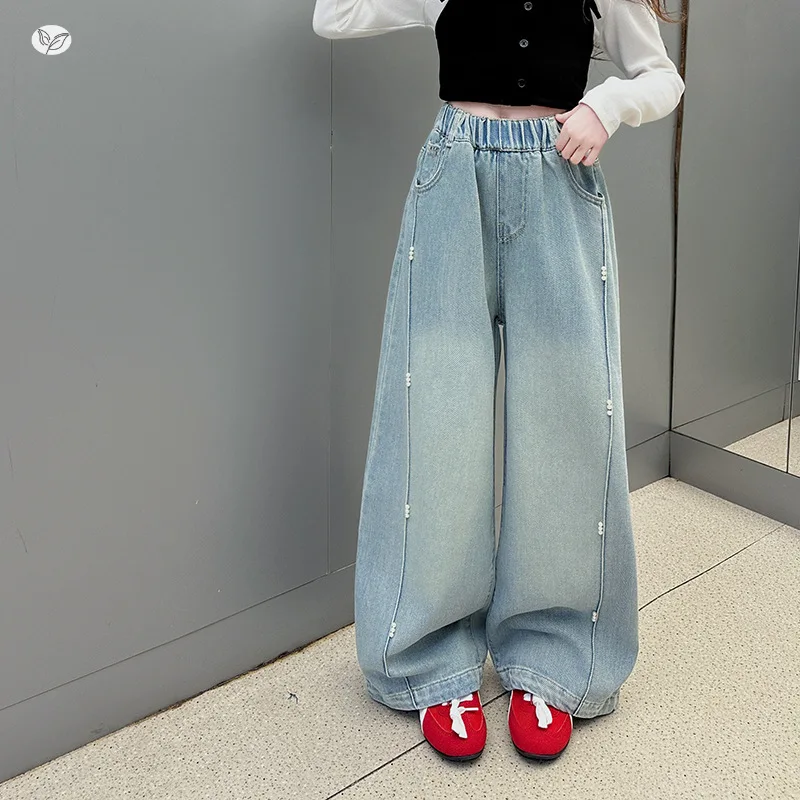 Mädchen-Jeans aus Denim, Perlen-Patchwork-Hosen mit weitem Bein, lockere lange Denim-Hosen für Mädchen, Schulanfangsaison, Kinderhosen
